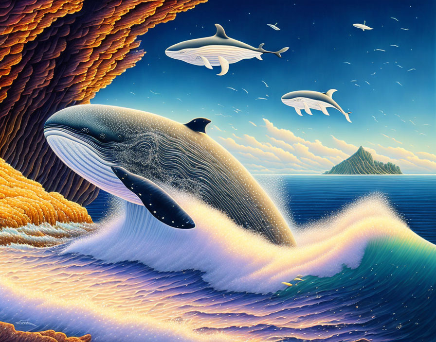 Surreal whale breaching ocean wave with floating forms & cliffside