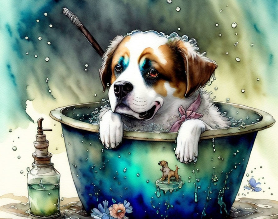 Colorful Illustration: Happy Dog Bathing with Rubber Duck