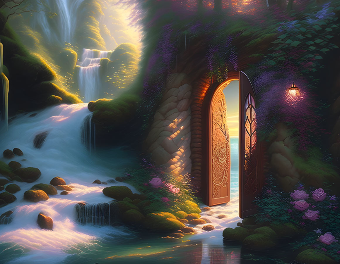 Mystical arched door near lush waterfall in enchanted forest