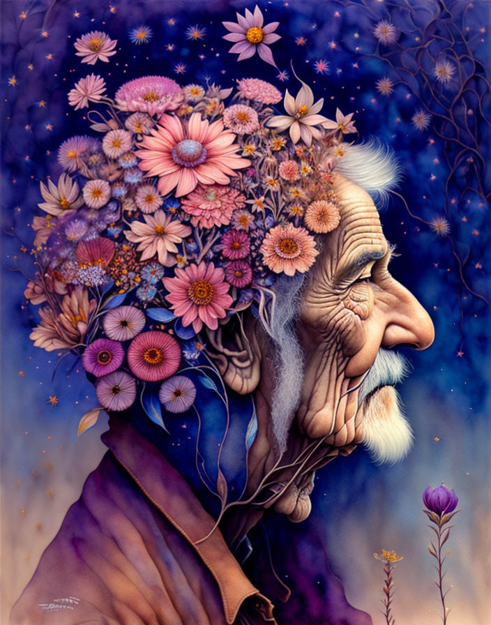 Elderly profile with serene expression and floral crown against starry backdrop