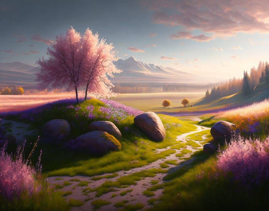 Tranquil landscape with pink tree, purple wildflowers, stones, path, and mountains