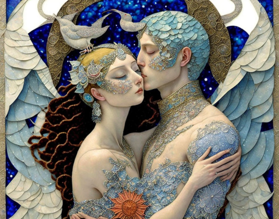 Ornate winged figures embrace in starry scene