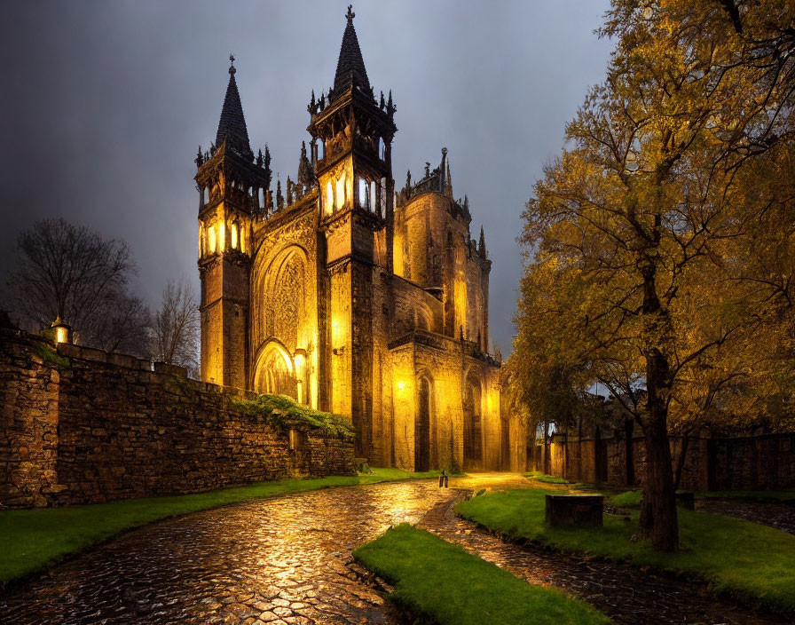 Gothic Cathedral at Dusk with Wet Cobblestone Path
