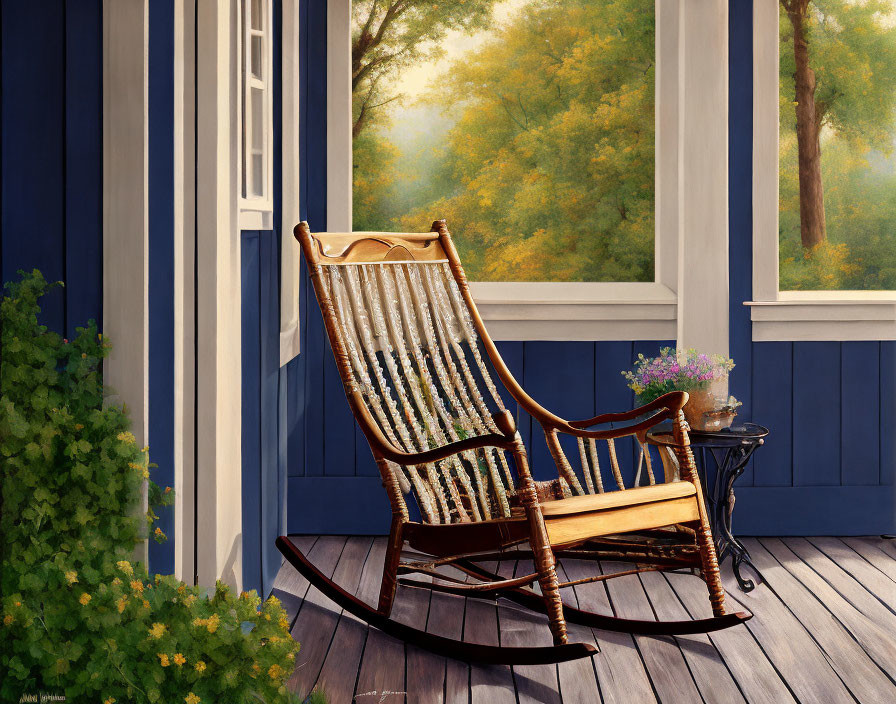 Wooden rocking chair on porch with greenery, table with flower pot, blue and white house.