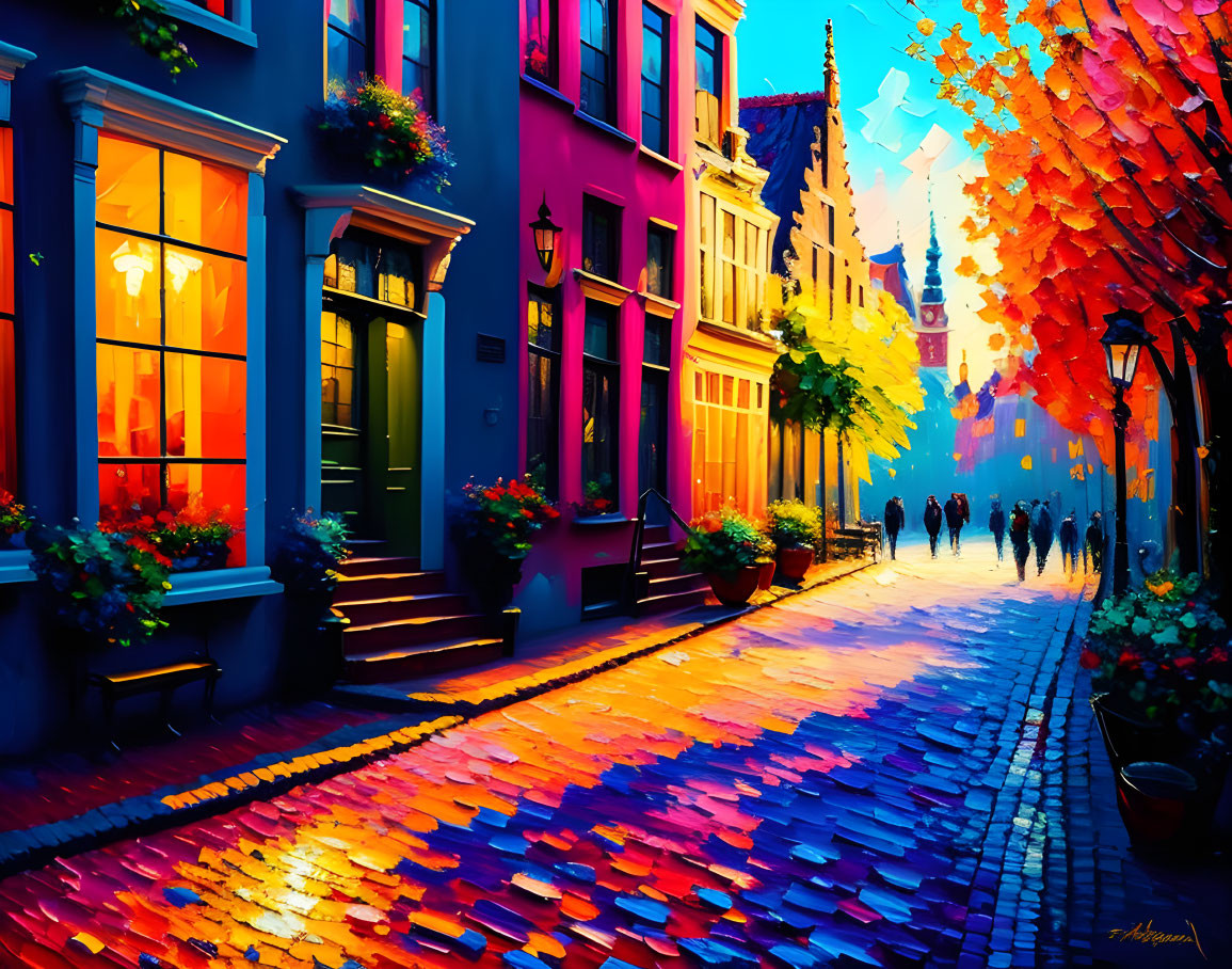 Colorful autumn street scene with sunlight reflecting on buildings and silhouettes of people.