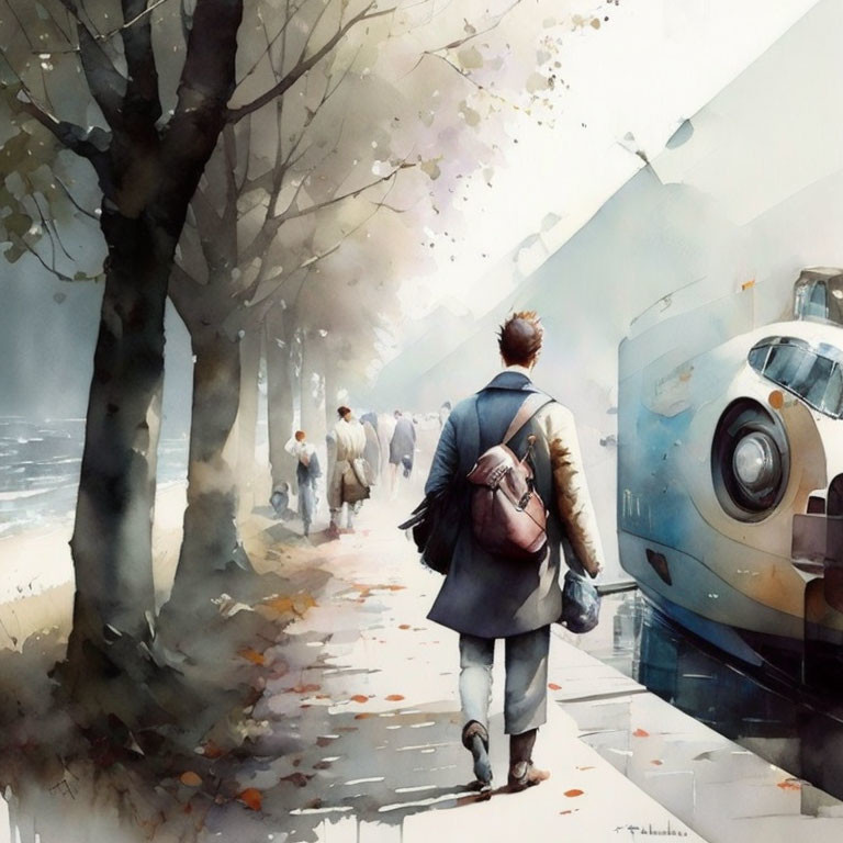Person walking down tree-lined street beside parked train in watercolor style.