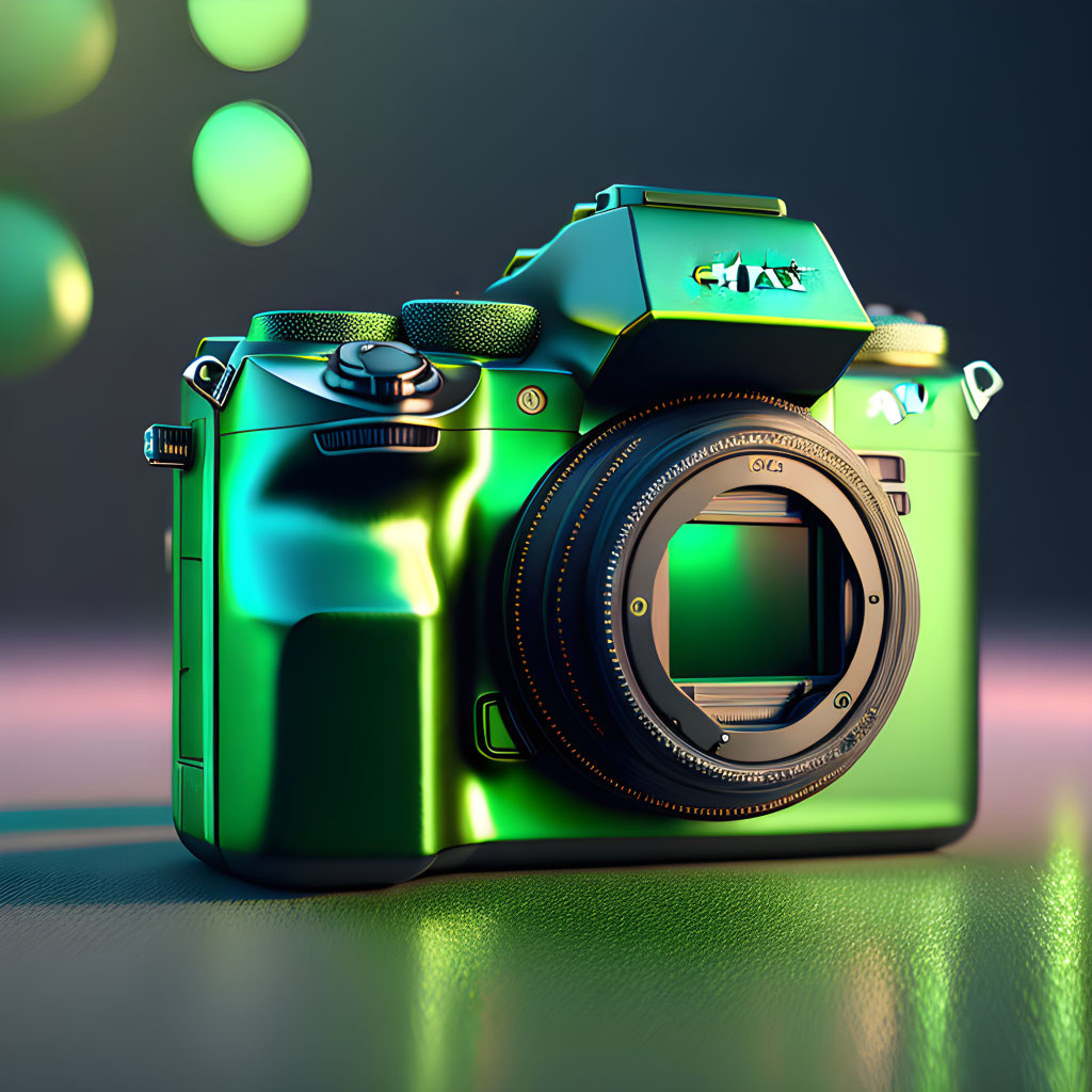 Shiny Green DSLR Camera Body with Sensor on Reflective Surface