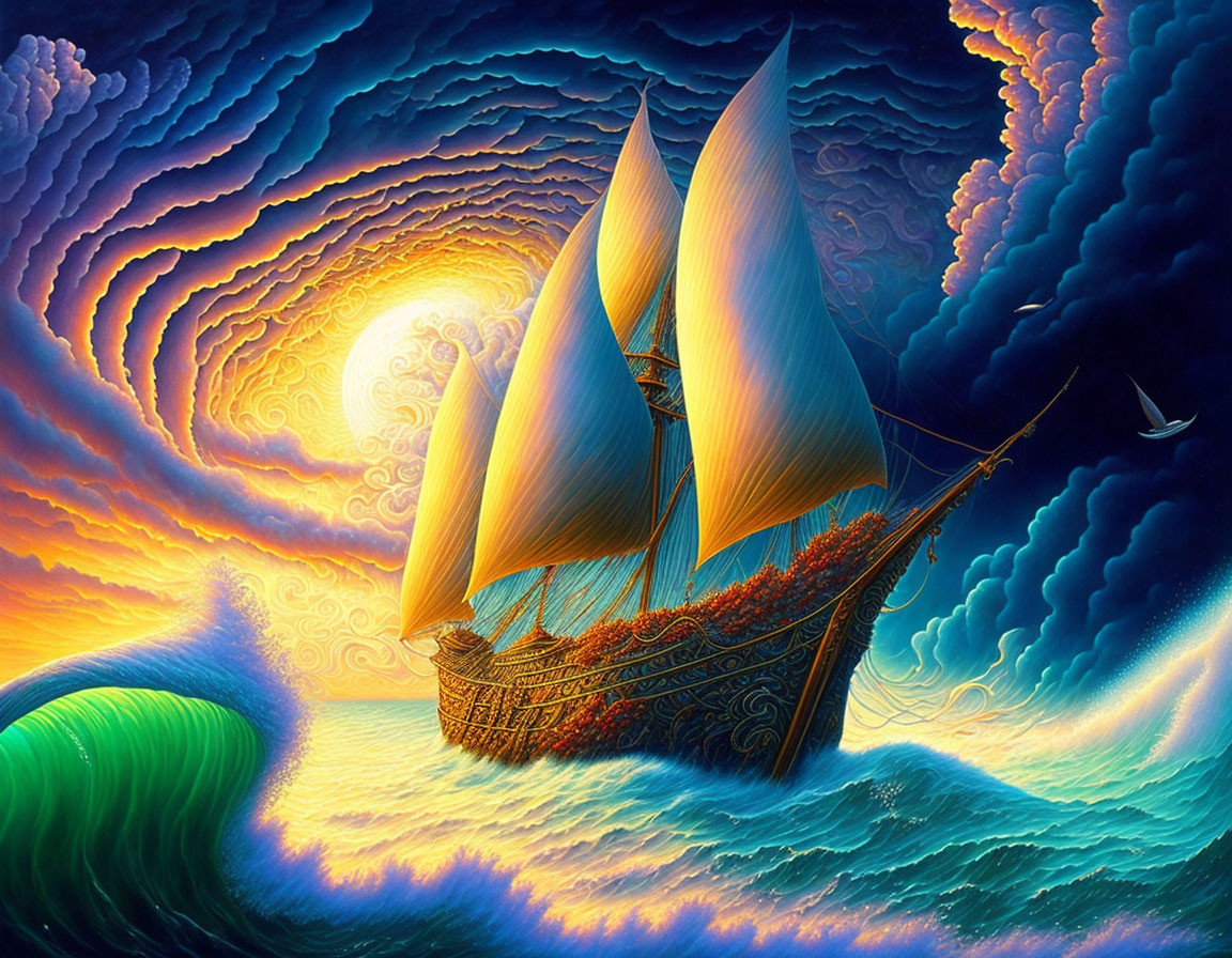 Vibrant sunset painting of a sailing ship on waves