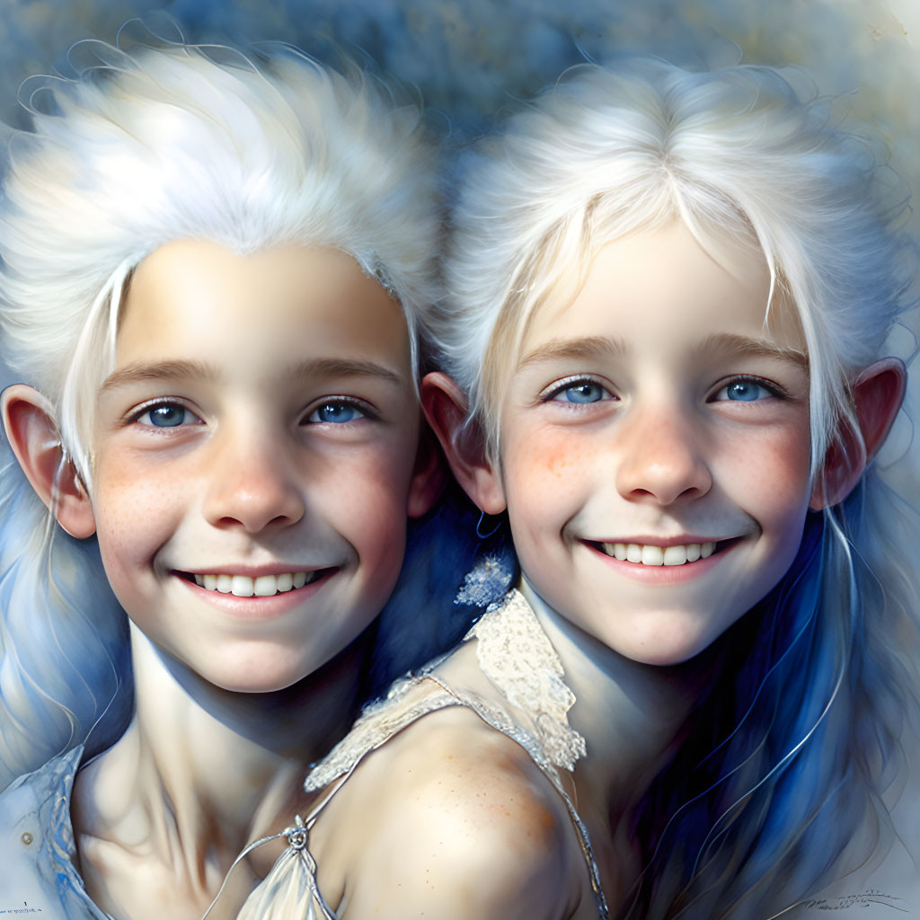 Smiling children with white hair and blue eyes on soft blue background