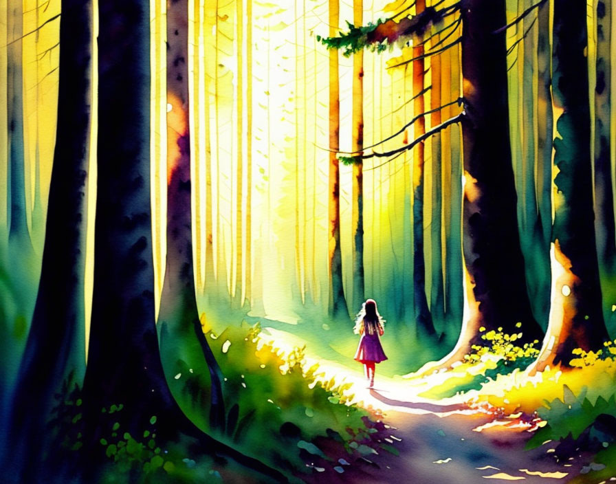 Person in red skirt standing in vibrant forest with sunlight filtering through trees