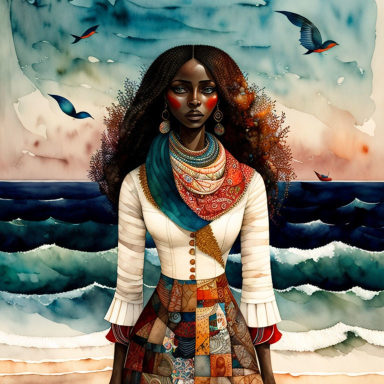 Illustrated woman in patchwork skirt with colorful beads in surreal seascape.