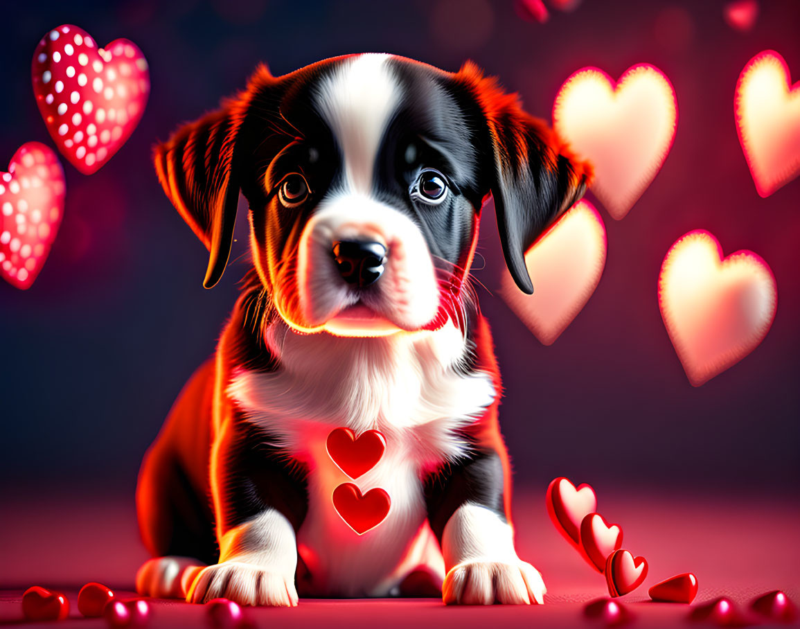 Adorable puppy with red hearts and lights on pink background