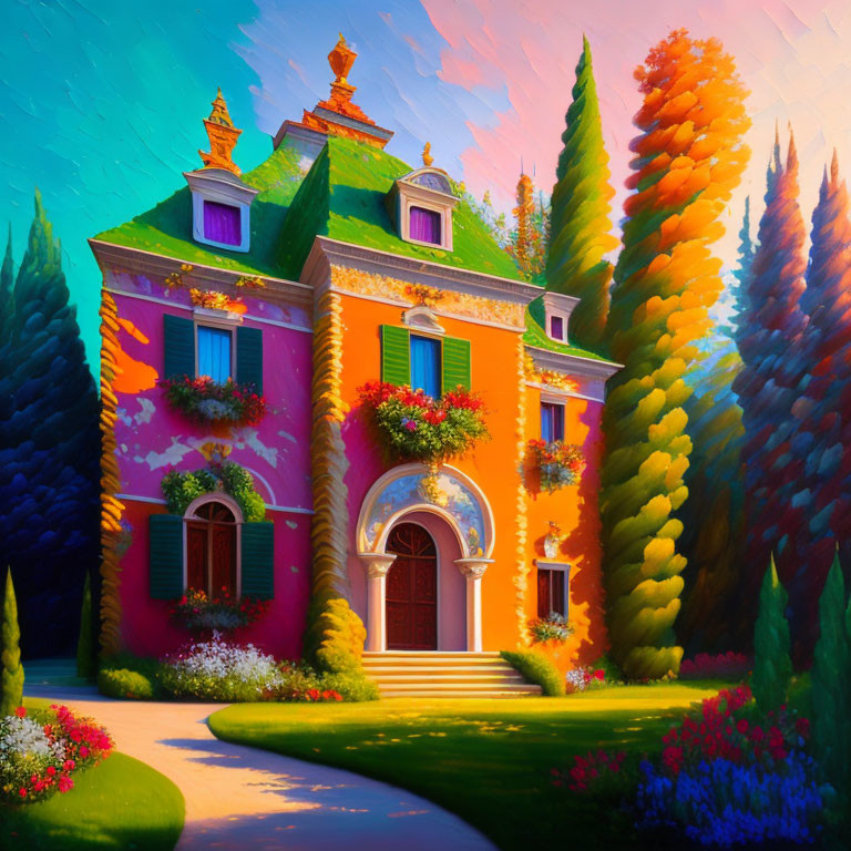Colorful Illustration of Classical Pink House with Green Shutters
