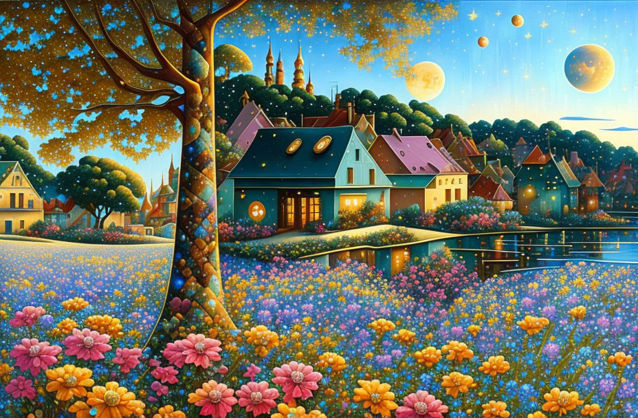 Colorful Fantasy Landscape with Whimsical Houses, River, Tree, and Moons