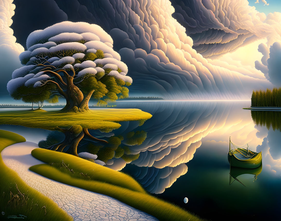 Tranquil landscape with majestic tree, calm lake, lush grass, small boat, and dramatic sky