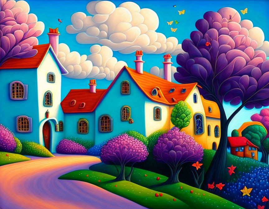 Colorful Whimsical Painting of Stylized Houses and Nature Scene