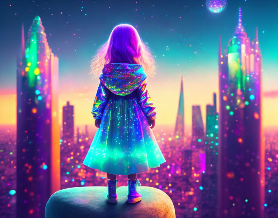Child in glowing outfit gazes at neon cityscape with floating orbs at twilight