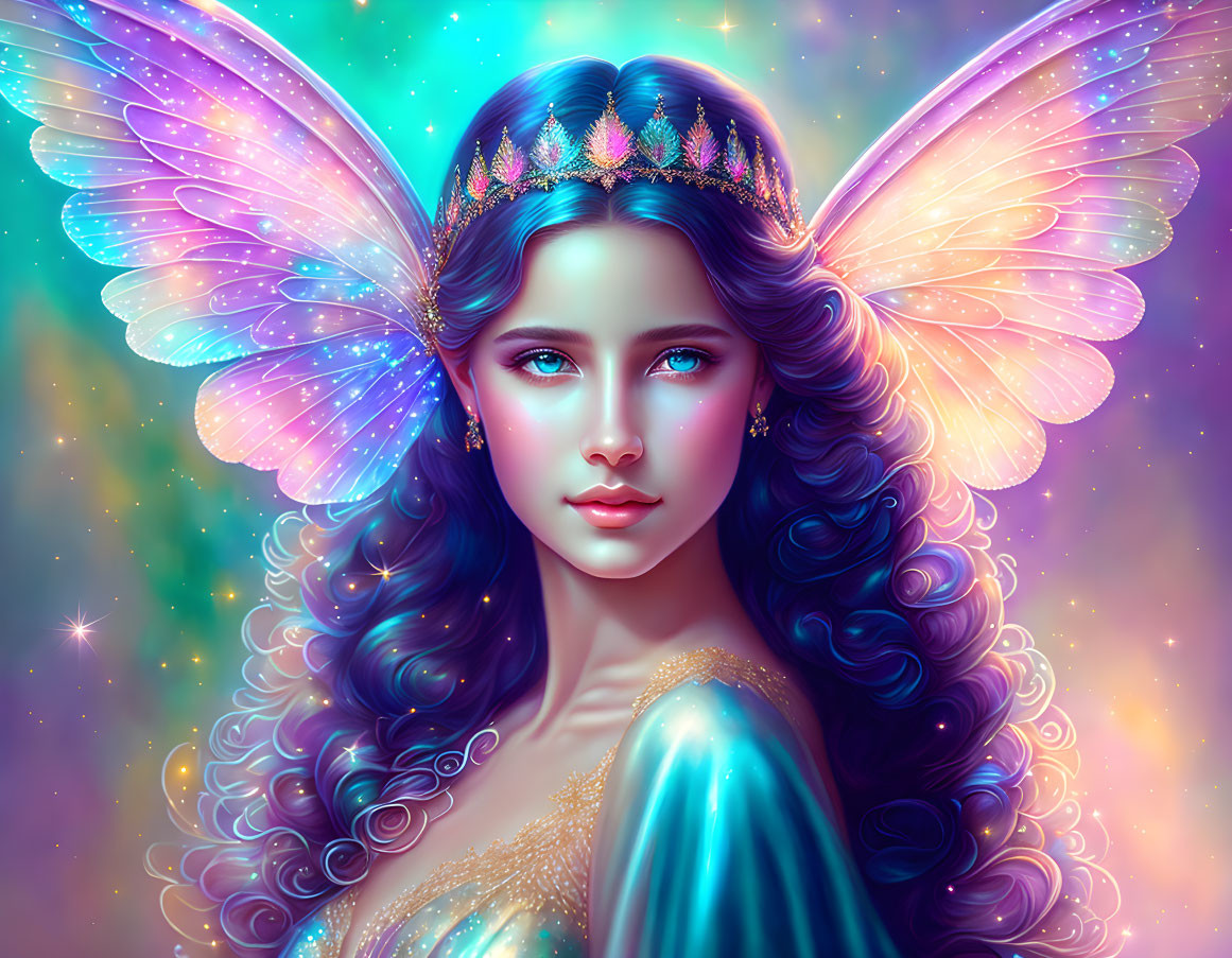Colorful portrait of woman with butterfly wings, blue hair, and jeweled headband on starry