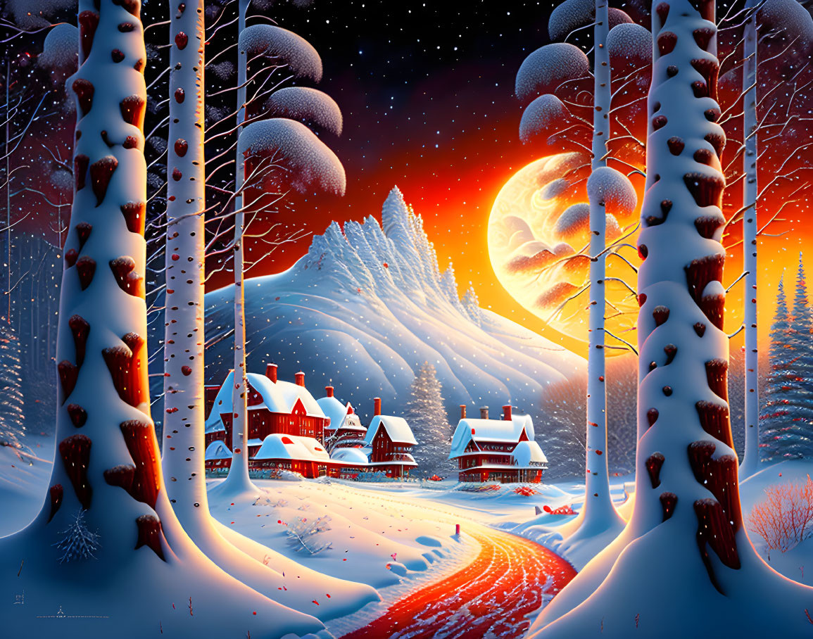 Winter Dusk: Snowy Scene with Moon, Trees, Mountains, and Cozy Houses
