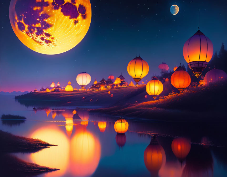 Surreal evening landscape with hot air balloons, moon, and planet.