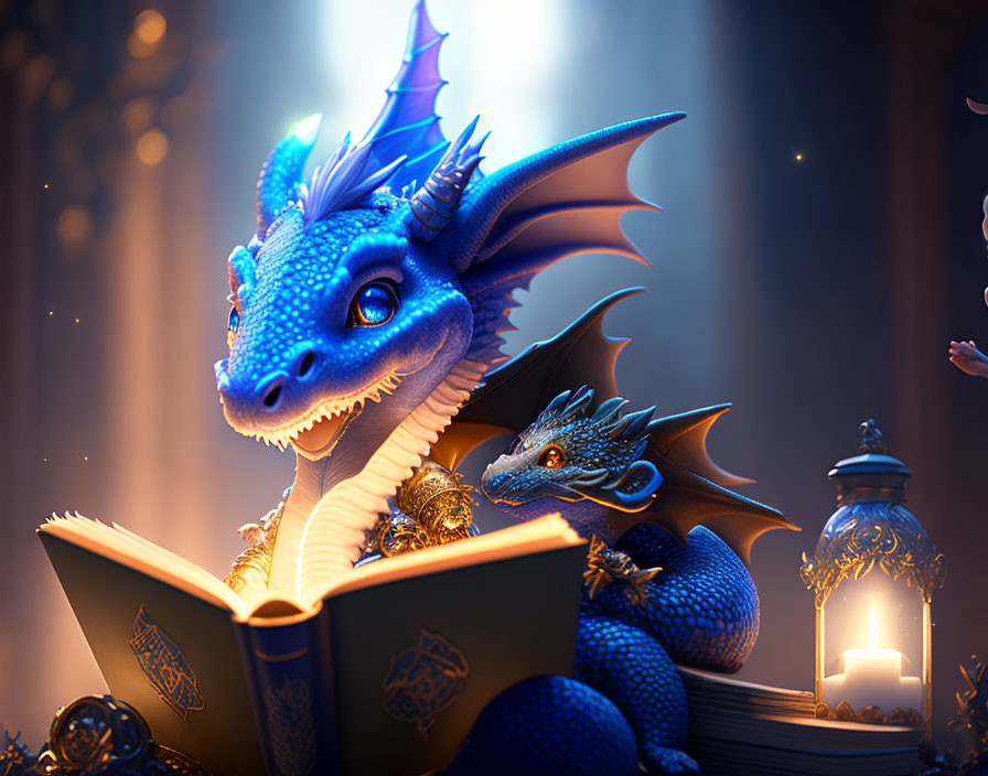 Two blue dragons reading golden-embellished book in enchanted forest.