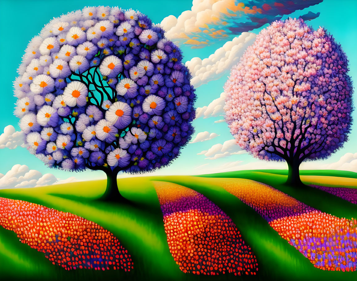 Colorful Stylized Trees with Purple and Blue Blossoms on Patterned Hills