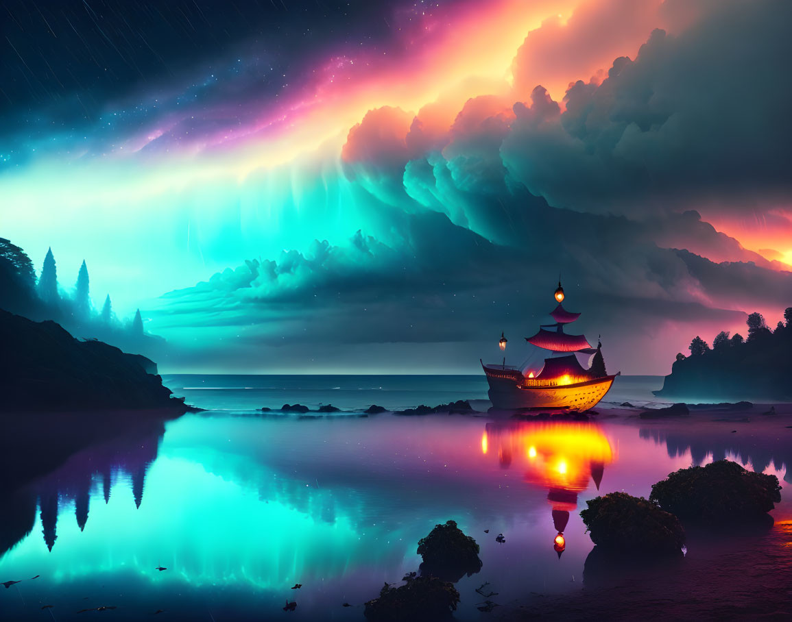Aurora over sea with boat silhouette on rocky shore