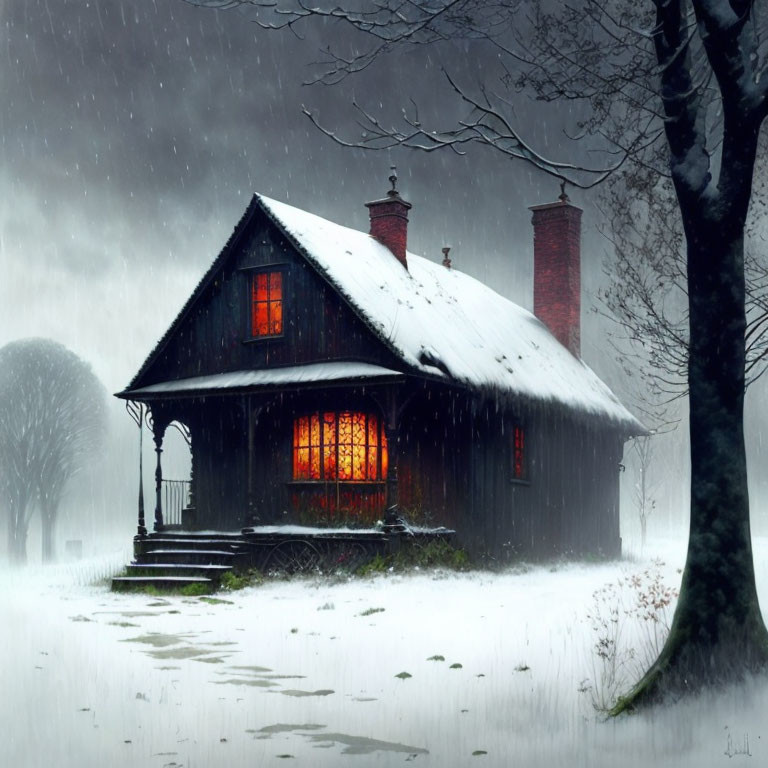 Snow-covered cabin in illuminated winter landscape