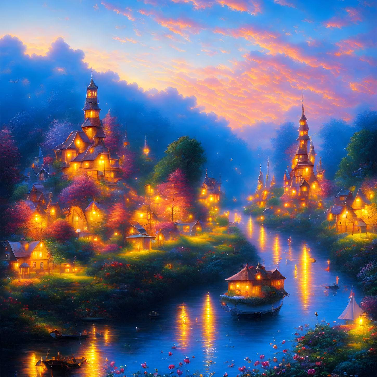Fantasy village with illuminated buildings by winding river at sunset