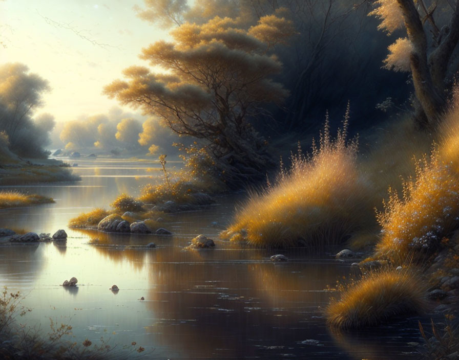 Tranquil river landscape with golden grasses and glowing light