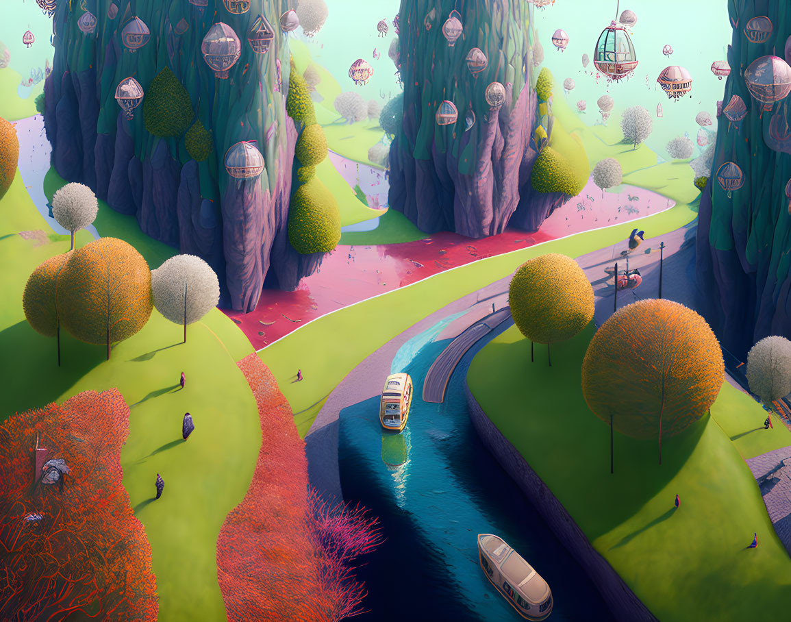Colorful Trees, River Boats, Floating Islands, and Lush Hills in Whimsical Landscape