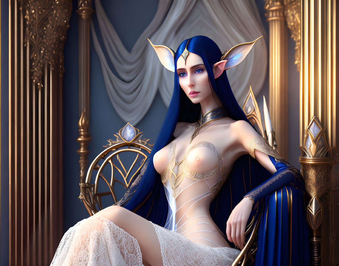 Illustrated elf with blue hair and pointed ears in gold-trimmed attire by golden arches