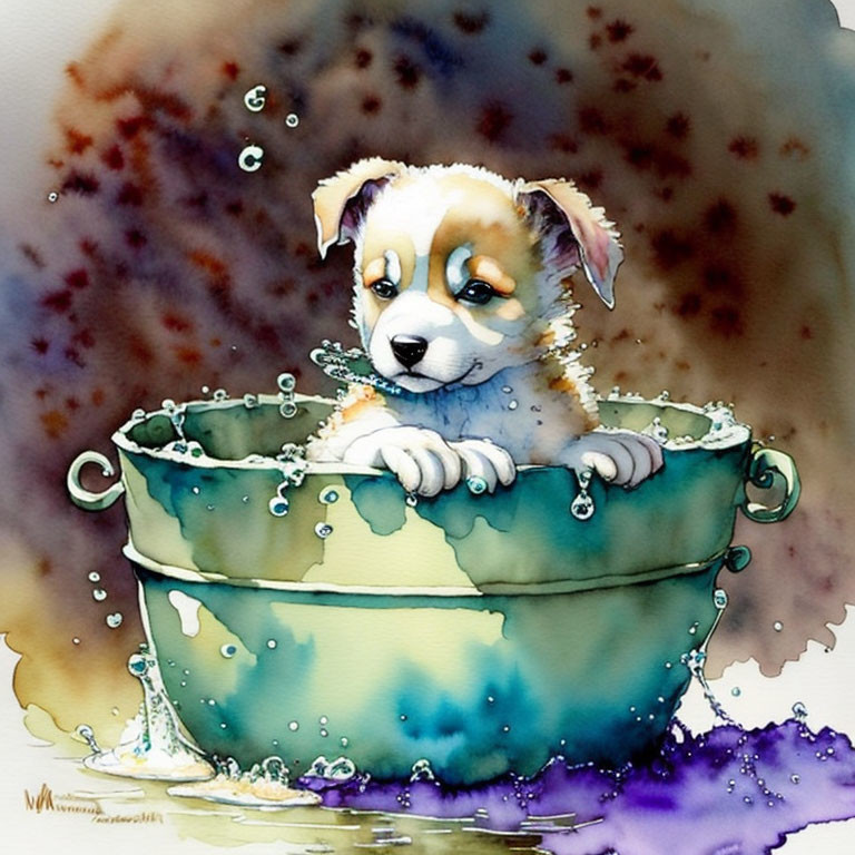 Watercolor illustration of cute puppy in teal bathtub with bubbles