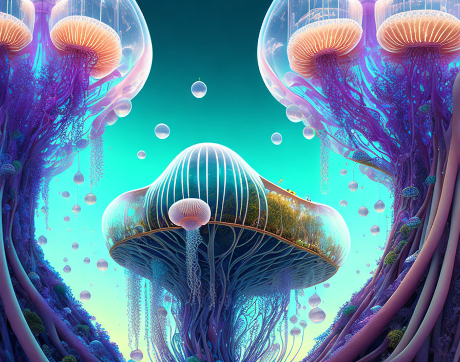Ethereal underwater scene with oversized jellyfish-like creatures