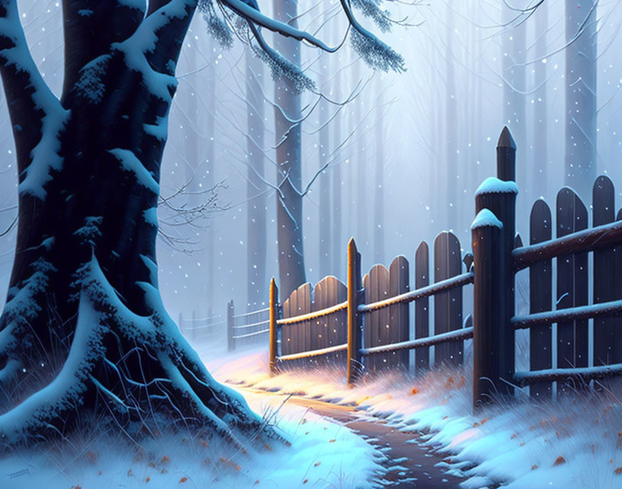 Snow-covered trees, wooden fence, lit path in serene winter twilight