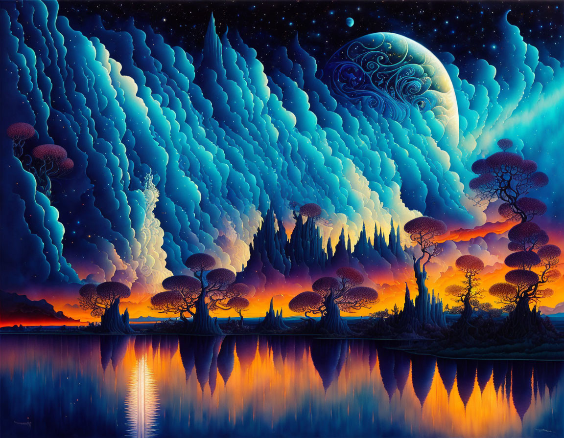 Surreal landscape with jellyfish-like trees under starry sky