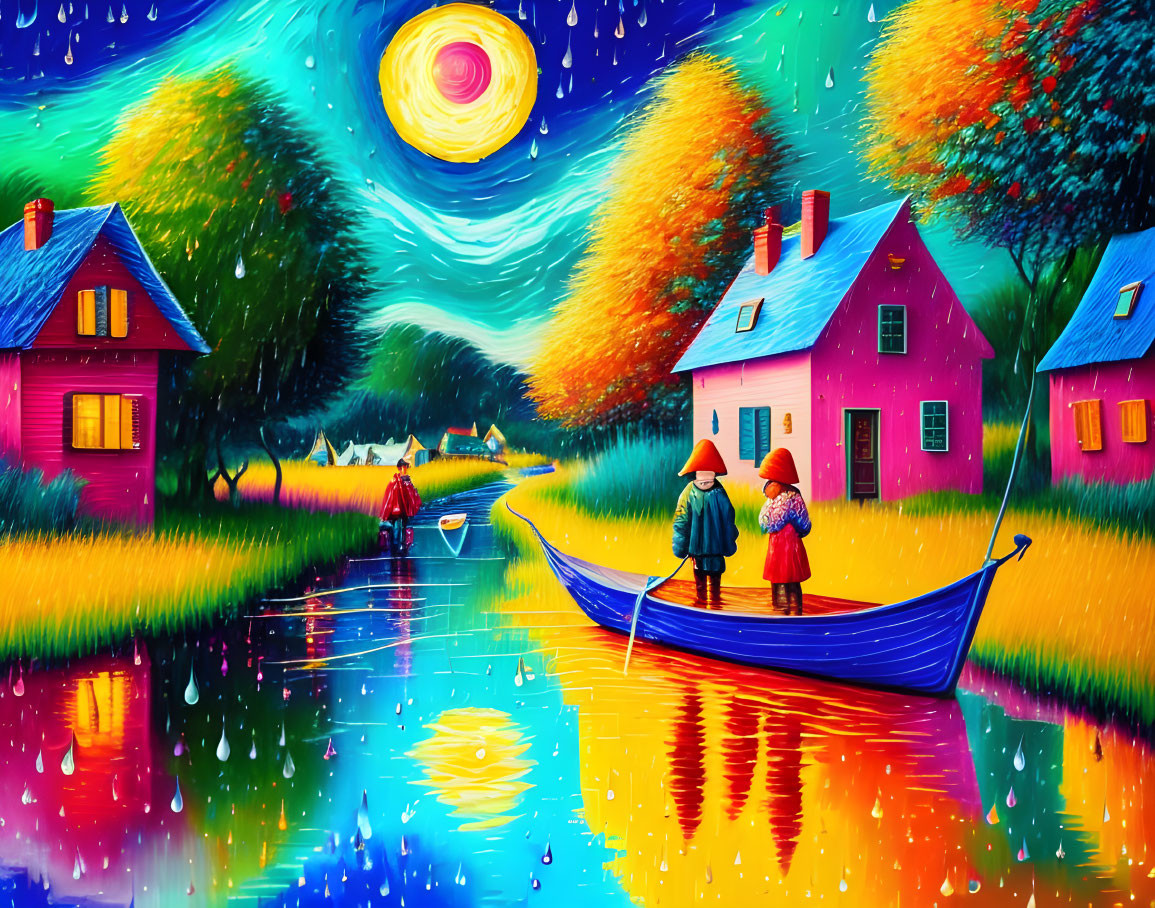 Colorful Van Gogh-inspired painting: Two figures in blue boat, vibrant houses, swirling starry