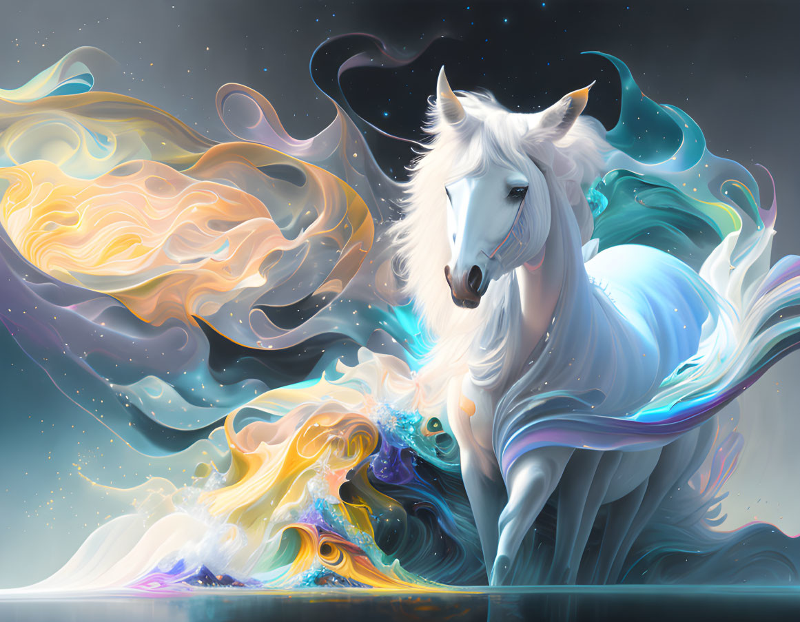 White Unicorn with Colorful Mane in Cosmic Setting