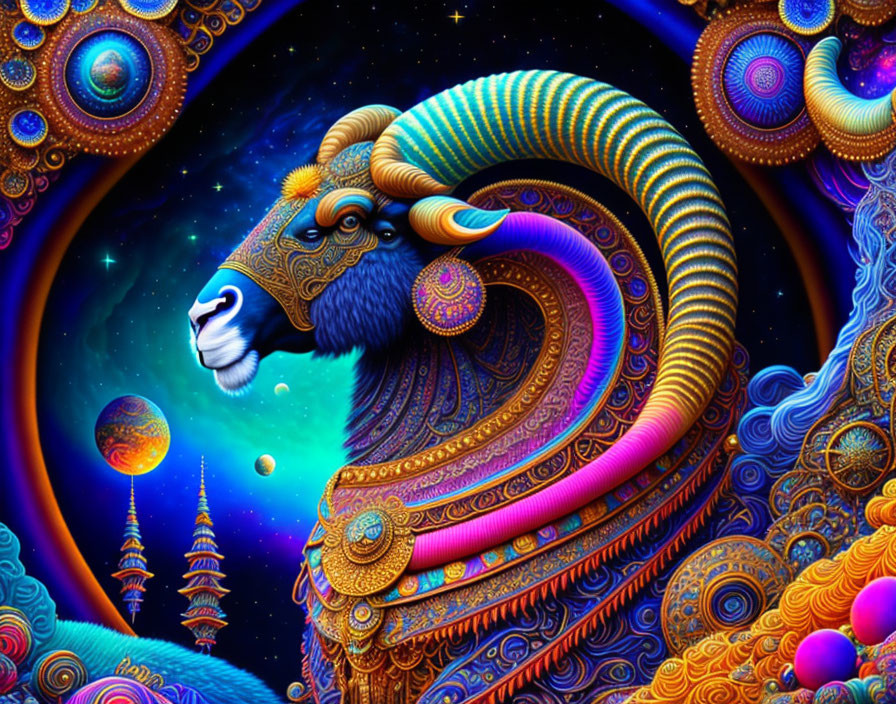 Colorful Psychedelic Ram Illustration with Cosmic Background