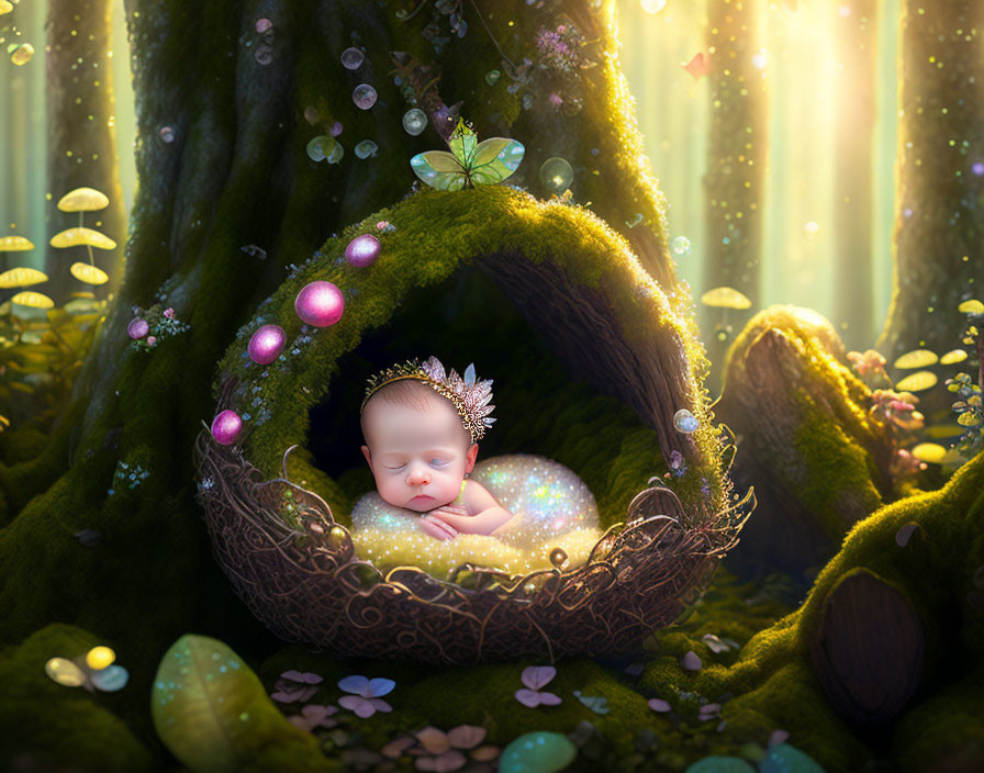 Baby sleeping in magical forest nest with glowing orbs and butterflies