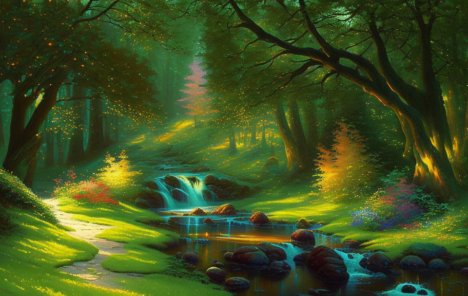 Sunlit forest stream with colorful flowers and lush greenery