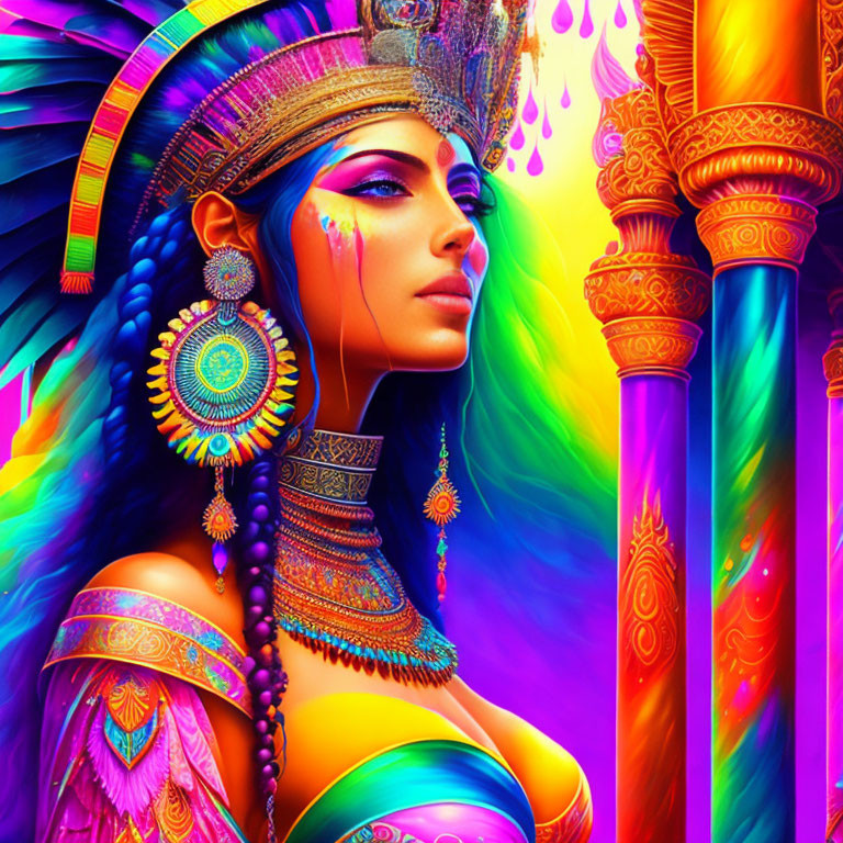 Colorful artwork of woman with elaborate headgear and jewelry in mystical setting