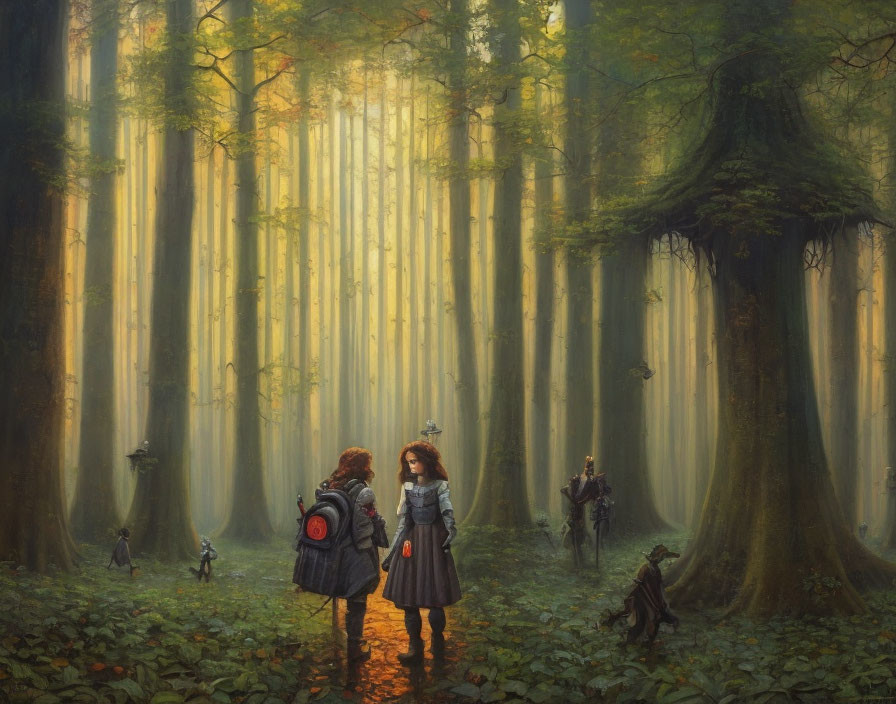 Fantastical forest scene with two individuals and small creatures