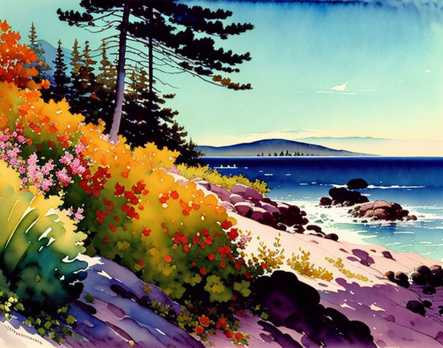 Vibrant seaside landscape with flowers, trees, water, mountains, and sky