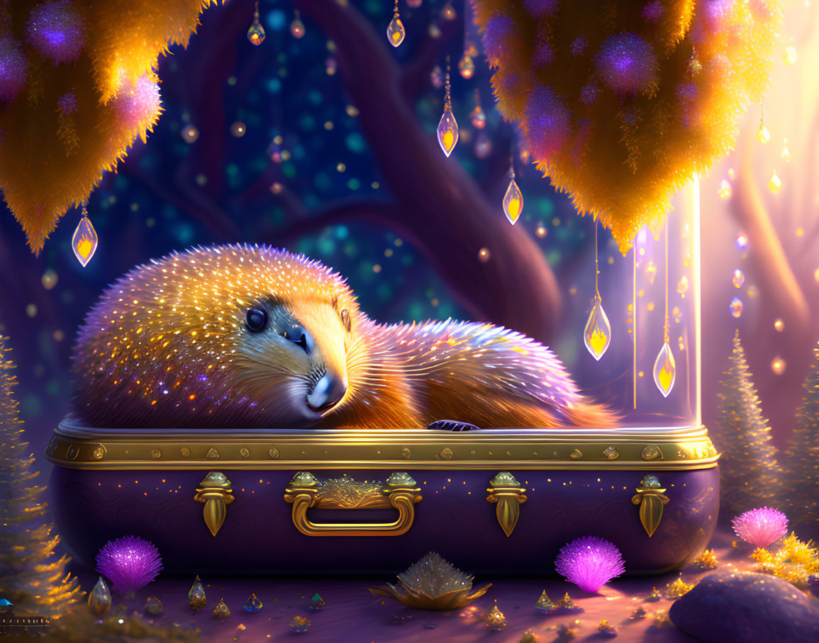 Glowing oversized weasel-like creature in ornate suitcase in magical forest