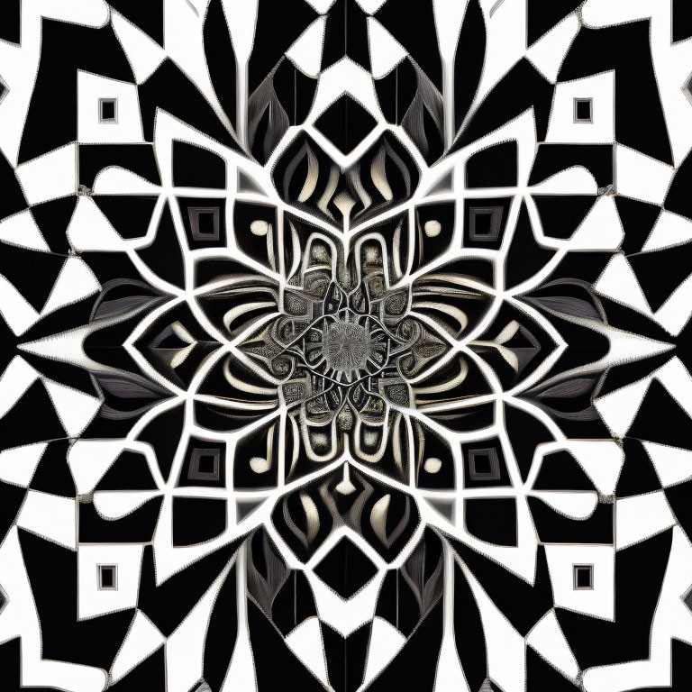 Detailed Black & White Mandala-Inspired Kaleidoscopic Pattern