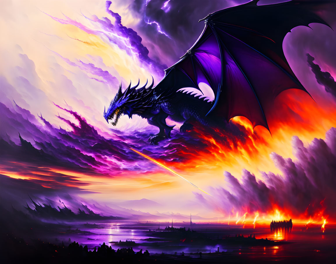 Majestic dragon flying under vibrant purple sky at sunset