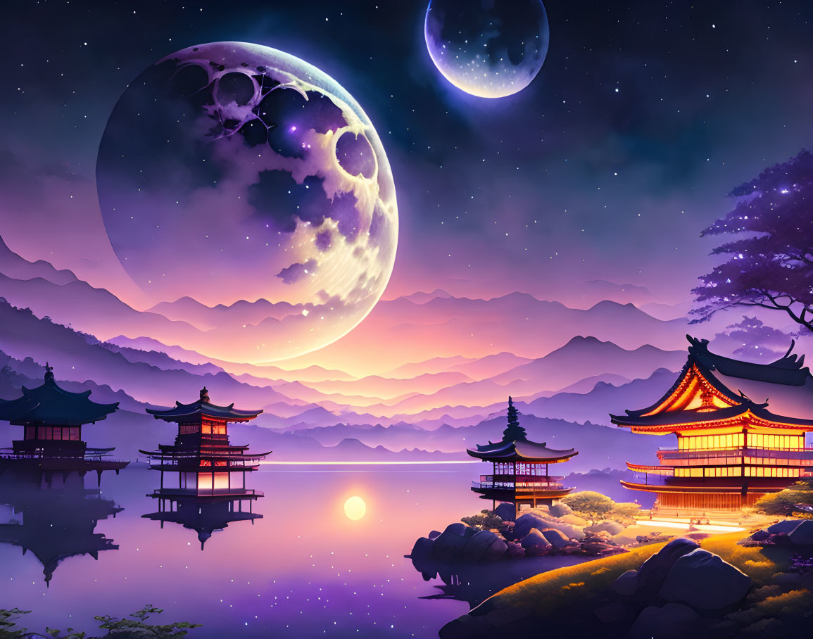 Digital artwork of vibrant sunset over Asian architecture and moonlit landscape