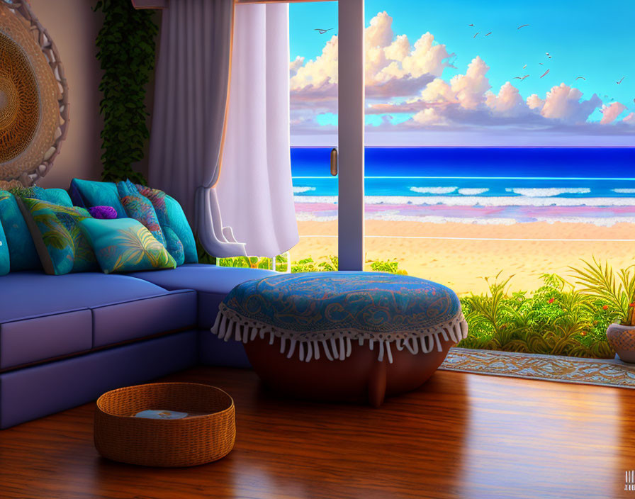Beachside room with sofa, pillows, stool, sea view, flying birds