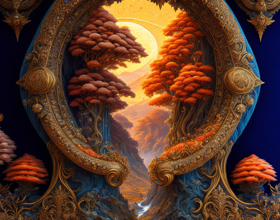 Golden Frame Surrounds Autumnal Fantasy Landscape with River and Moon